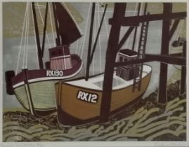 Graham Clarke (b.1941) hand signed linocut print of 'Luggers low tide' (Rye) from an edition of 75