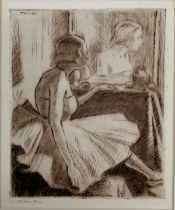 Tatsuo Miki (b.1904) hand signed etching of lady wearing a dress sat in front of a mirror - mount