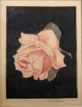 Tatsuo Miki (b.1904) hand signed etching of a pink rose - frame 40cm x 30.5cm