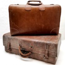 Vintage leather suitcase by Insall Maker Bristol, with blue & white stripped interior, damaged