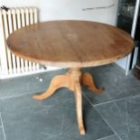 Circular pine pedestal dining table, 111 cm diameter, 70 cm high, Heavy used condition, has repair