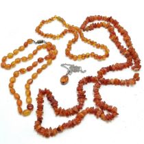 3 amber bead necklaces - longest 84cm t/w silver amber pendant on silver chain - total weight (