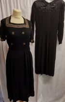 2 1930s black dresses, black crepe with satin floral decoration 84cm bust t/w crepe dress trimmed