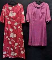 Two handmade lined silk shift dresses, the red/white 94cm bust, the red/blue patterned 94cm bust