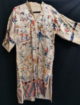 Chinese embroidered lined silk coat, birds, figures and flowers, 110 cm bust in good condtion