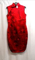 Chinese red figured satin dress 82 cm chest slight a/f to body otherwise in good used condition.