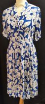 1940s blue/cream crepe dress, 90cm bust in good condition