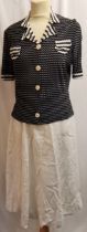 1940s navy and cream jersey blouse 96cm bust t/w white linen skirt 60cm waist in good condition