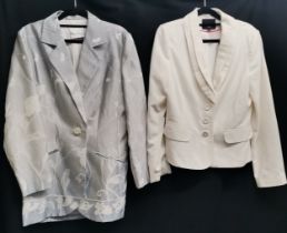 Grey patterned Frank Usher jacket size 12 bust 92cm, t/g with David Emanuel white crepe jacket