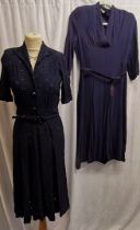 2 navy 1940s dresses, one waisted with belt broderie anglaise bust 78cm by Fred Howard t/w navy