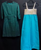 Two 1960s silk dress, dark green 90cm bust, length 100cm with belt, t/w sequinned top, turquoise