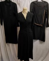 3 vintage black dresses 1940s black crepe with satin buttons 86cm bust t/w 30s crepe with satin trim