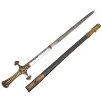 Victorian bandsmans sword with brass hilt and double edged blade 69cm long in original brass mounted