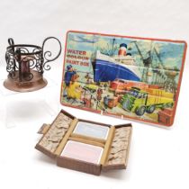 Vintage water colour paint box (tin) 35cm x 24cm t/w leather cased playing card set & hand wrought