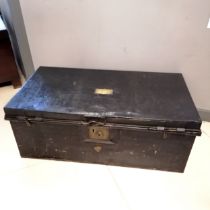 Antique military trunk with 'M H Hicks-Beach Esq Gloucester Reg' brass plaque to top & remains of