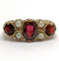 9ct hallmarked gold garnet & pearl set ring - size L & 3.5g total weight - SOLD ON BEHALF OF THE NEW