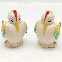 Pair of Clarice Cliff pipe rests / holders in the form of exotic birds - 7 cm high & no obvious