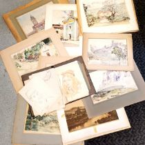 Qty of mounted watercolour paintings / life study & portrait sketches - some with annotation etc