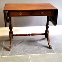 Regency style mahogany sofa table, 141 cm extended, 51.5 cm deep, 73 cm high, water marked top,