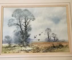 Brian C Day watercolour of country scene grouse in flight, signed and framed, 54 cm wide, 44 cm