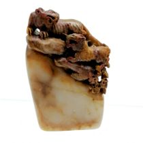 Oriental carved soapstone study of 2 tigers on a rock - 9cm high & no obvious damage