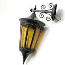 Exterior electric wall lantern with black paint finish & amber coloured glass panels - 50cm total