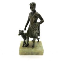 Antique Art Deco bronze cast figure of a lady with a dog - 12cm high and has small chip to onyx base