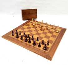 Boxwood parquetry large chess board (50cm square) t/w boxed wooden chess set