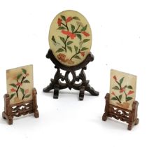 3 x Chinese miniature table screens with stone set panels on wooden stands - tallest 8.5cm