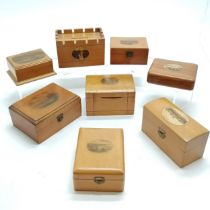 8 x Mauchline ware boxes inc Croupie Linn Kirkcaldy moneybox (10.5cm x 6cm x 6.5cm high) etc