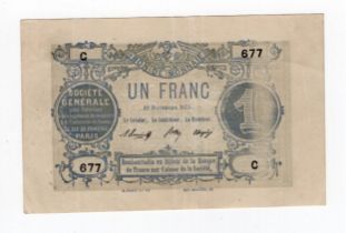 1871 France 1 franc banknote - has 2 small pinholes + fold in centre