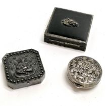 Chinese silver box with buddha detail to lid, silver pill box with grape detail to lid & German