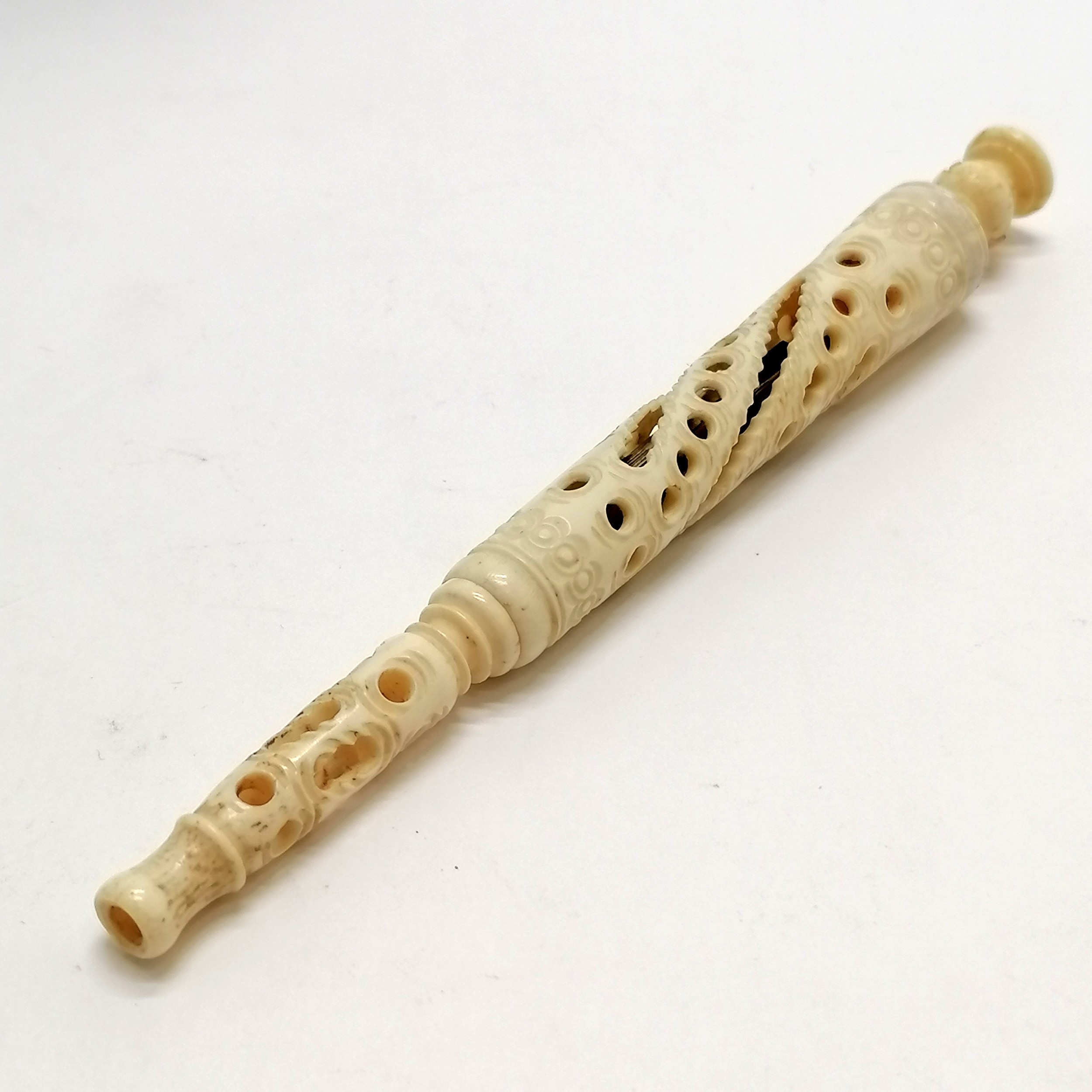 Antique carved bone dip pen with stanhope of West Pier, Brighton and has seal end - 13.5cm (closed) - Image 3 of 4