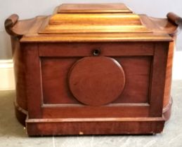 Antique mahogany wine cellarette, with lift up lid revealing fitted bottle interior, slight damage