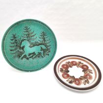 Mid century, Norwegian pottery charger in a green glaze with galloping horse, 37 cm in diameter,