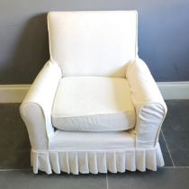 Wing armchair with white loose covers, 84 cm wide, 86 cm deep, 86 cm high, used condition.