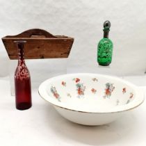 Vintage Burleigh ware floral decorated wash basin bowl, 42 cm diameter, Vintage pine cutlery tray,