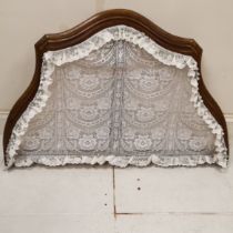 Antique French walnut bed Corona, with lace panel, 129 cm at widest point, 81 cm deep at widest