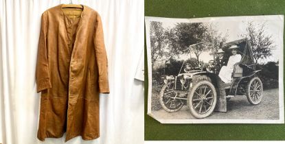 Antique tan leather motorists coat purported to belong to Charles Rolls (with accompanying
