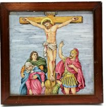 Antique Italian maiolica hand painted tile of Christ on the cross - frame 28cm square & in good used