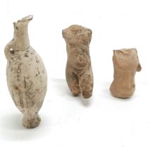3 x antiquities inc 2 clay torsos & vase with geometric detail (9cm)
