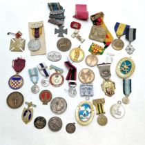 Qty of badges / medals etc inc Masonic, military, Ten Tors, atomic energy authority visitor, 1902