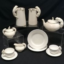 Unusual Spode blanc de chine novelty teaset + 2 hot water jugs (tallest 18.5cm) with cat detail (