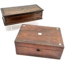 Antique rosewood box (25cm x 17cm x 10cm & a/f) t/w vintage rectangular chip carved box with unusual