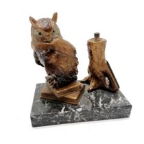 Novelty spelter owl striker on marble base - 12cm high x 11.5cm across