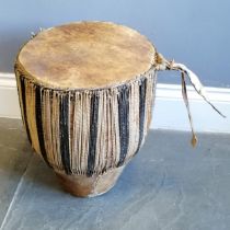 African tribal drum with gut strand tensioners 42cm high x top 35cm x 32cm - slight A/F to