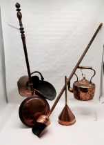 Antique copper coal Scuttle, warming pan, copper kettle, long handled scoop and funel.