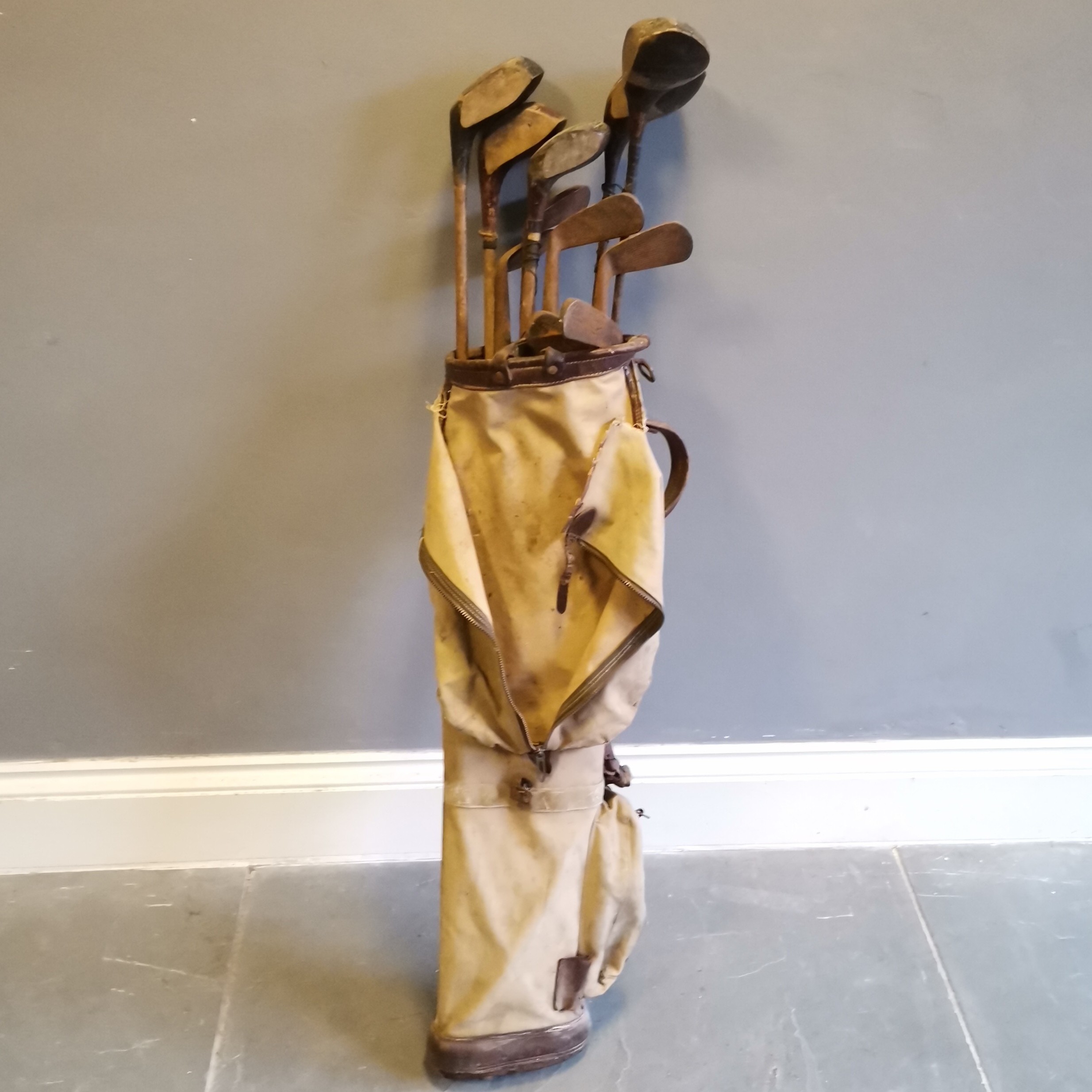 Set of Vintage golf clubs to include a Excelsior Putter etc, contained in canvas and leather mounted - Image 2 of 4