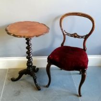 Victorian mahogany occasional table on barley twist support, terminating on tripod carved cabriole