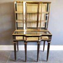 Antique Continental Bijouterie cabinet, in ebonised wood with brass veneer detailing, The top